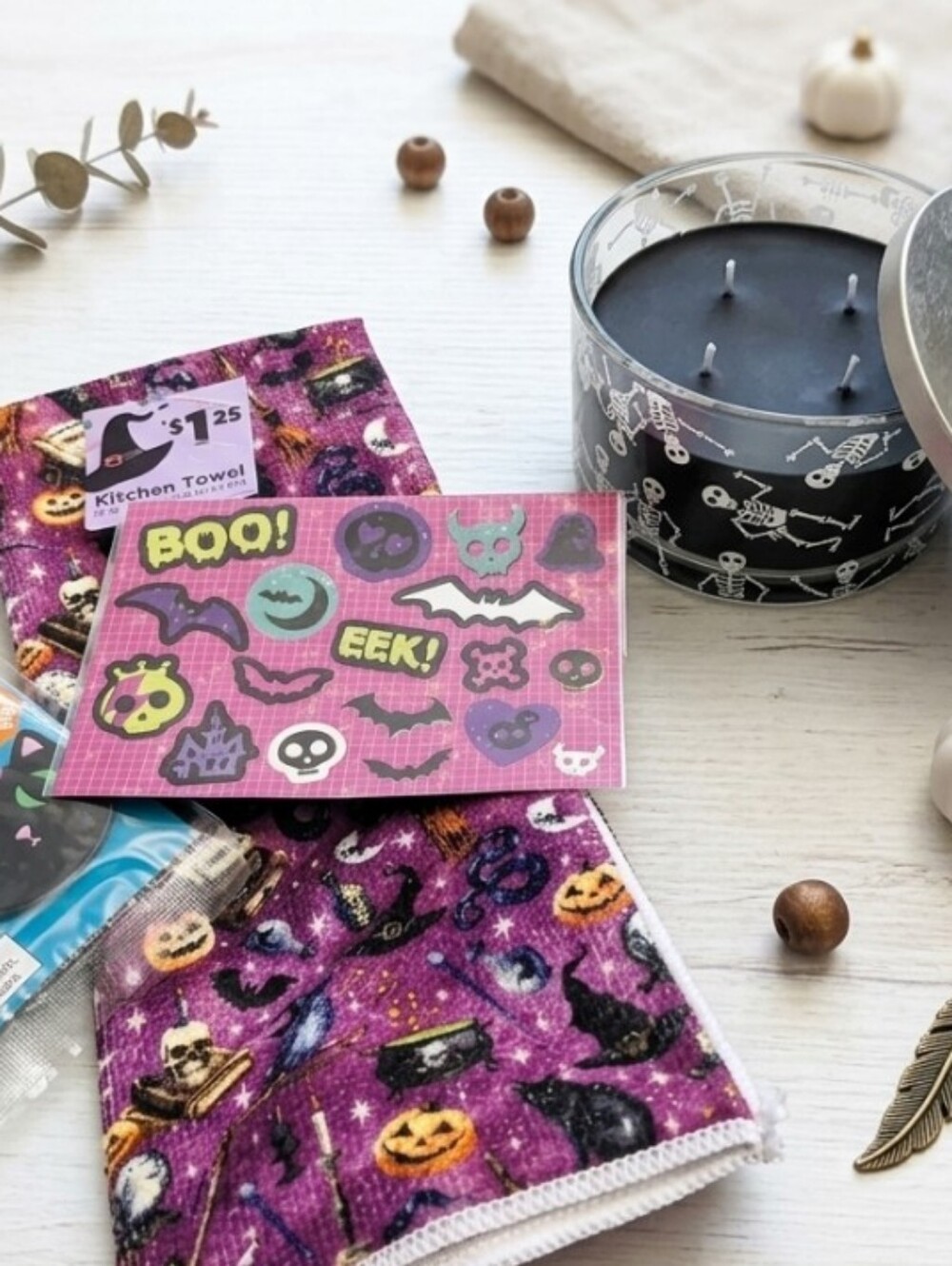 NWT Halloween Spooky Bundle - 4-Wick Skeleton Candle, Towel, Clips & Stickers